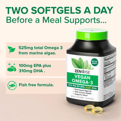 Algae-based Zenwise Omega-3 algae oil source emphasizes sustainable farming.