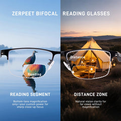 ZERPEET lightweight rectangular frame closeup showcasing comfortable semi-rimless design.