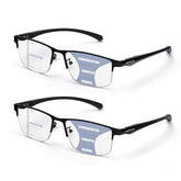 ZERPEET progressive glasses with a half-rim front provide versatile vision for social, work, and reading.