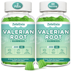 Zetelixia valerian gummies pack-front signals vegan, non-GMO calm support.