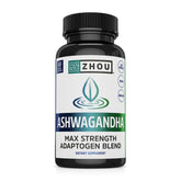 Zhou Ashwagandha bottle with capsules promoting calm energy and mood balance.
