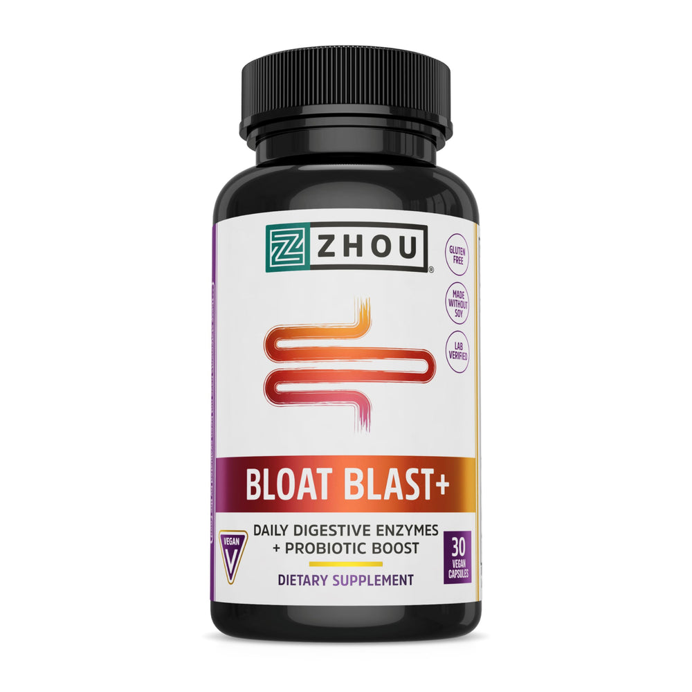 ZHOU Bloat Blast+ digestive enzymes capsules for post-meal comfort.