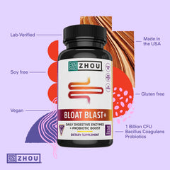 ZHOU Bloat Blast+ vegan, gluten-free formula supports dietary compatibility.