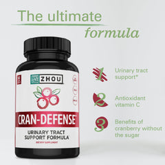 ZHOU Cran-Defense label detail highlighting cranberry extract and D-Mannose.