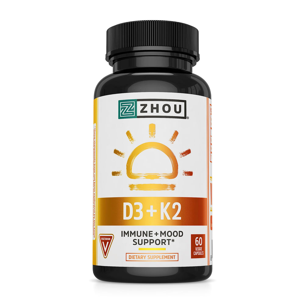 Zhou D3+K2 bottle front highlights D3 and K2 pairing for immune and bone support.
