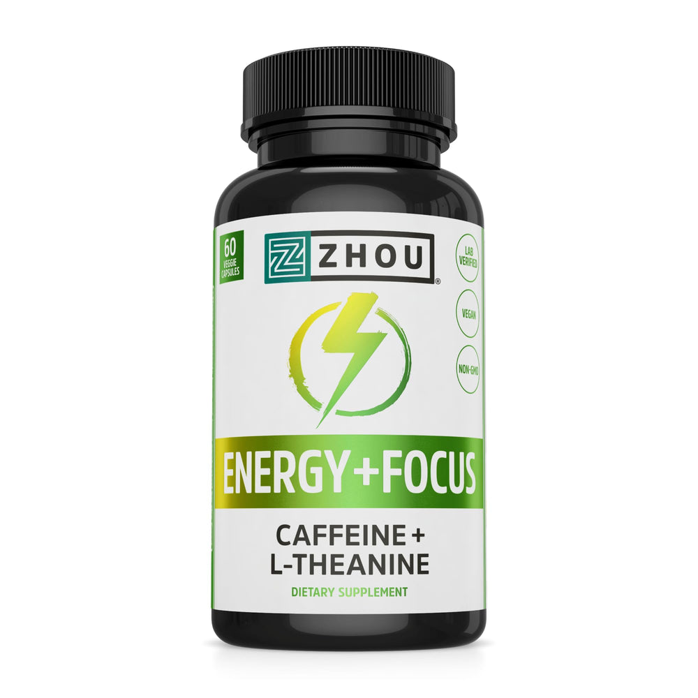 Zhou Energy + Focus bottle front showing sleek packaging for steady focus.
