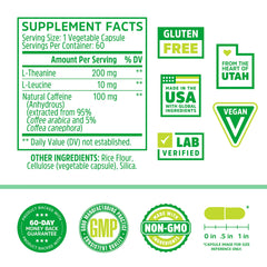Close-up of Zhou Energy + Focus capsules highlighting the 2:1 L-Theanine and caffeine formula.