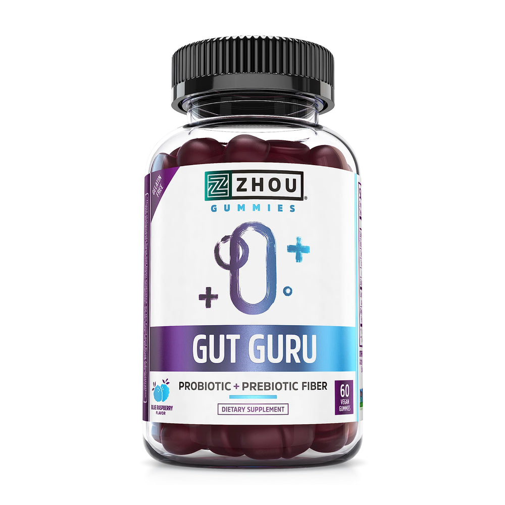 Zhou Gut Guru bottle showing 60 vegan gummies for daily digestion support.