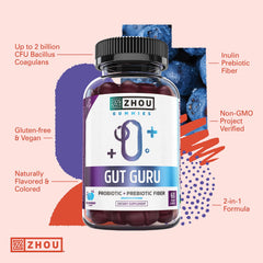 Zhou Gut Guru label graphic featuring 2-in-1 probiotic and prebiotic formula.