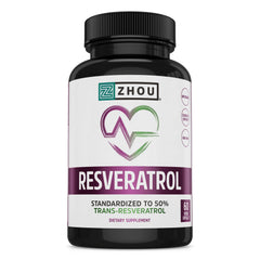 ZHOU Resveratrol bottle front, showcasing high-strength antioxidant support for healthy aging.