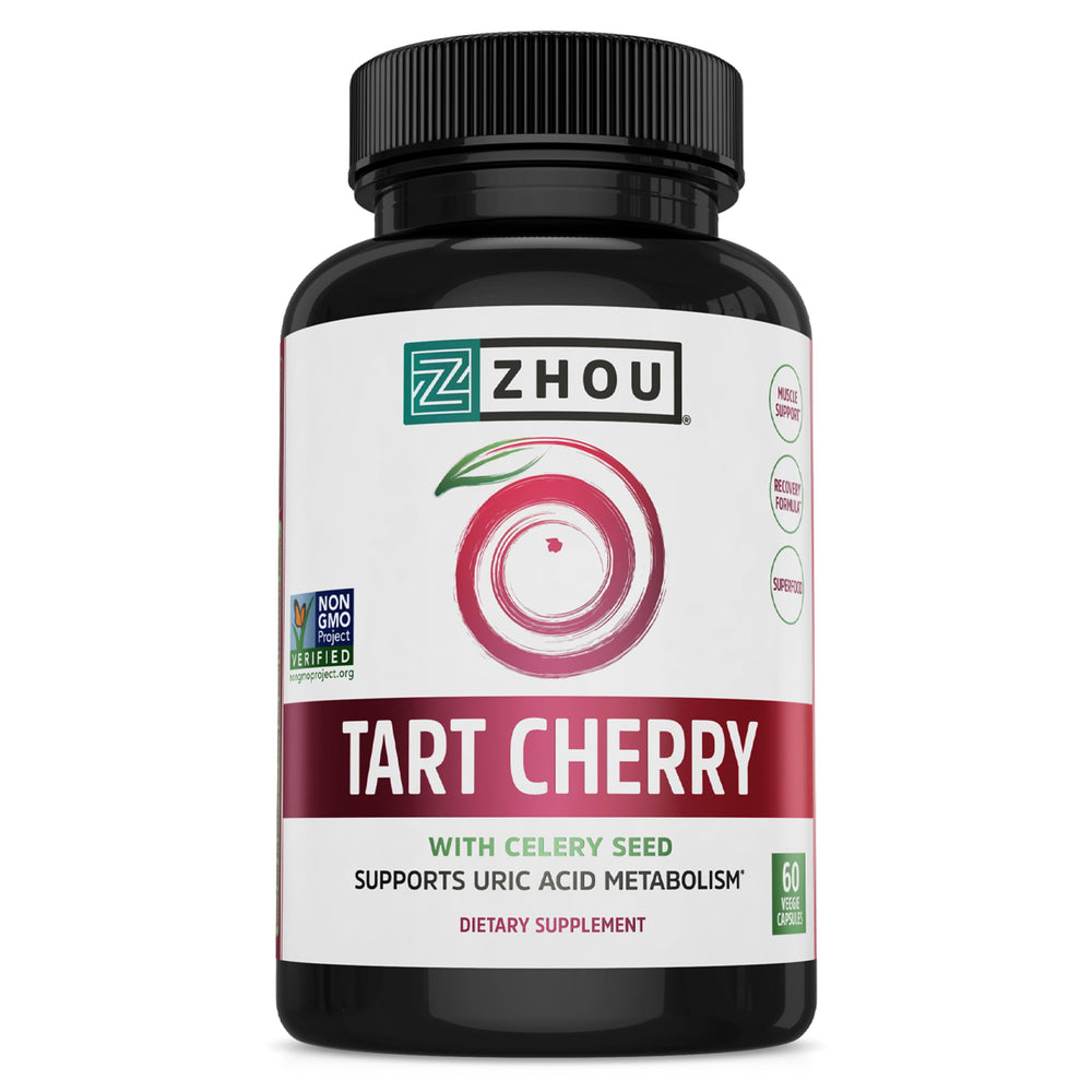 ZHOU Tart Cherry Extract Plus Celery Seed bottle shows a trusted joint support supplement for active adults