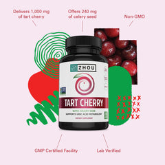 ZHOU Tart Cherry dosage on package shows 240 mg celery seed per serving