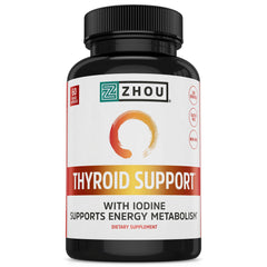 ZHOU Thyroid Support bottle front shows veggie capsules for daily thyroid balance