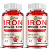 ZHPHK iron gummies bottle closeup showing 65 mg iron for daily energy support