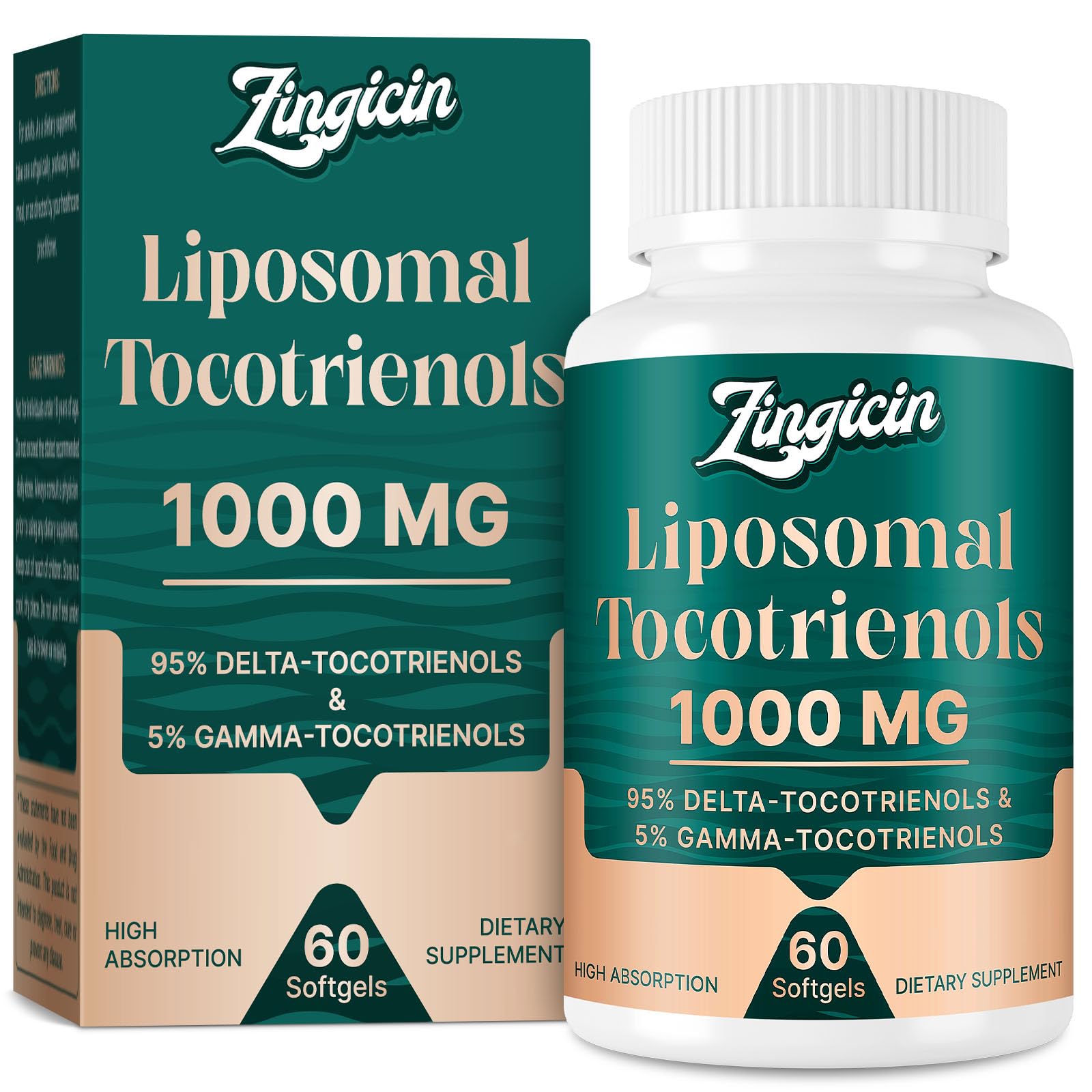 Zingicin Vitamin E Tocotrienols bottle front highlights easy daily dosing.