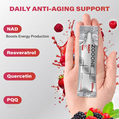 Zooone NAD+ berry packet beside water supports post-workout hydration.