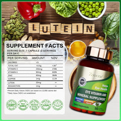 Zooone supplement facts panel highlighting lutein, zeaxanthin and minerals.