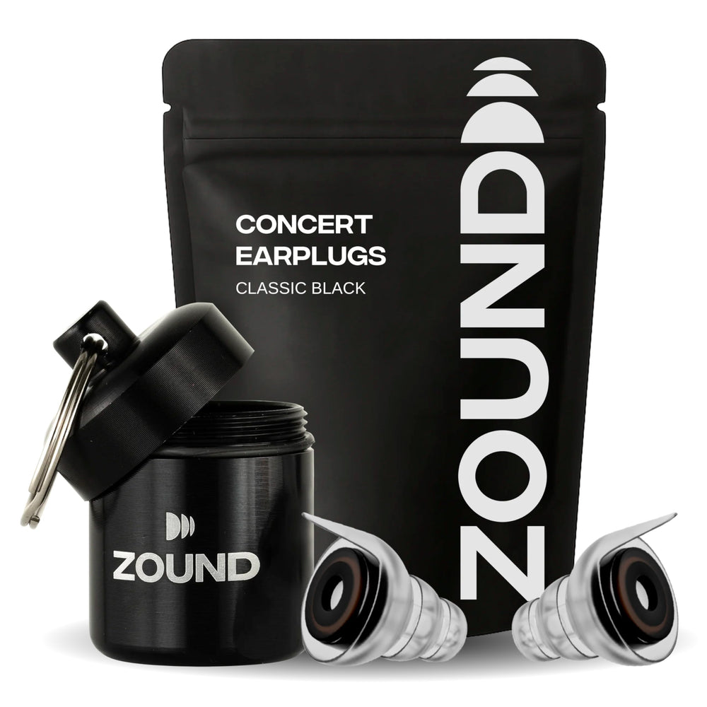 Zound high fidelity earplugs in concert case showing discreet protection and crisp sound