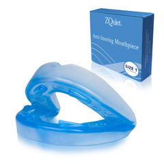 ZQuiet packaging box reveals the mouthpiece and included size options for fit.