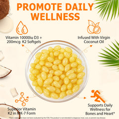 ZROGJBMK D3 K2 coconut oil infused softgels boost fat-soluble vitamin absorption.