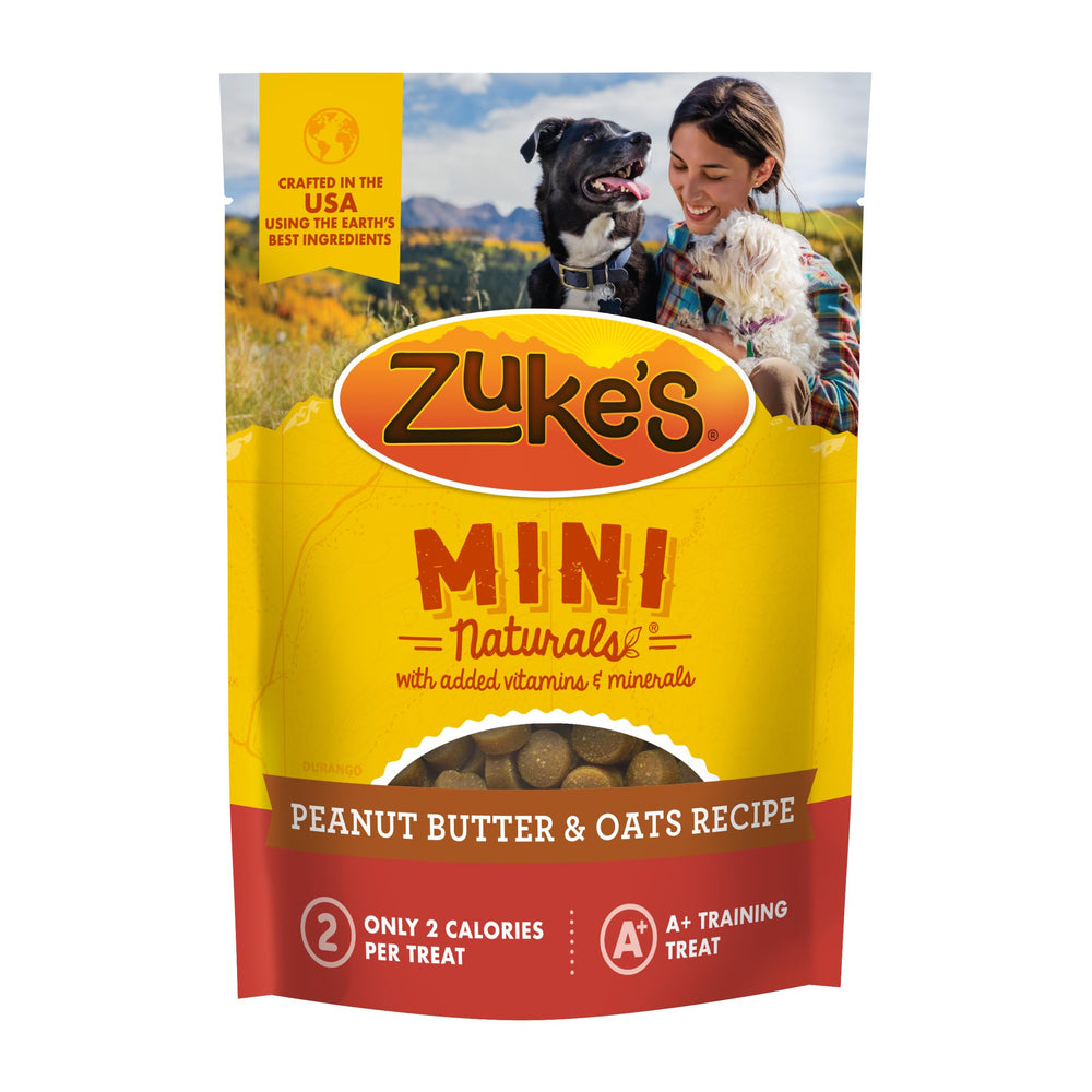 Zuke's Mini Naturals peanut butter 1lb packaging for on-the-go rewards