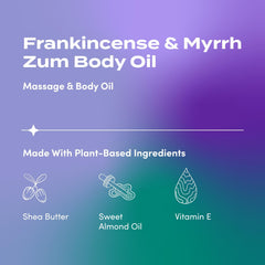 Zum Indigo Wild Frankincense & Myrrh body oil pour demonstrates quick absorption for a relaxing massage.