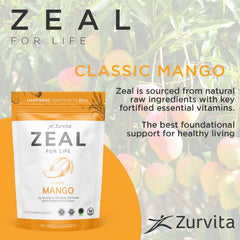 Close-up of Zurvita Zeal for Life mango label highlighting vitamins
