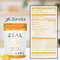 Scoop of Zurvita Zeal for Life mango powder ready to mix for energy