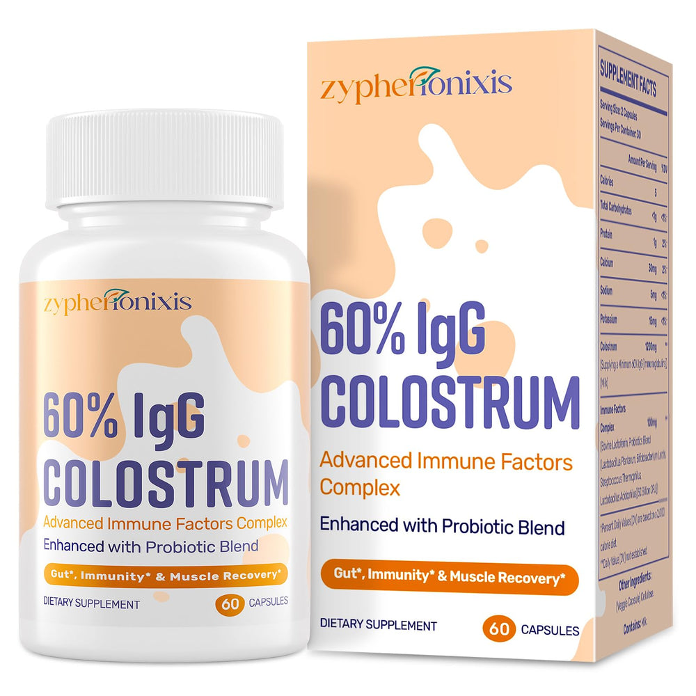 Zypherionixis bovine colostrum supplement bottle highlighting immune-support formulation.