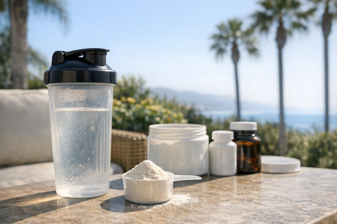 Amino acids powder scoop beside shaker on sunny California patio