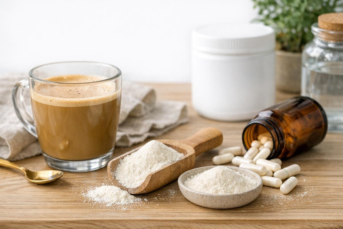 Collagen powder scoop beside coffee for budget routine