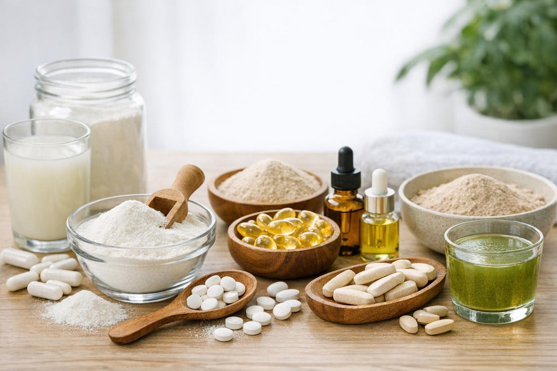 assortment of collagen supplements and powders