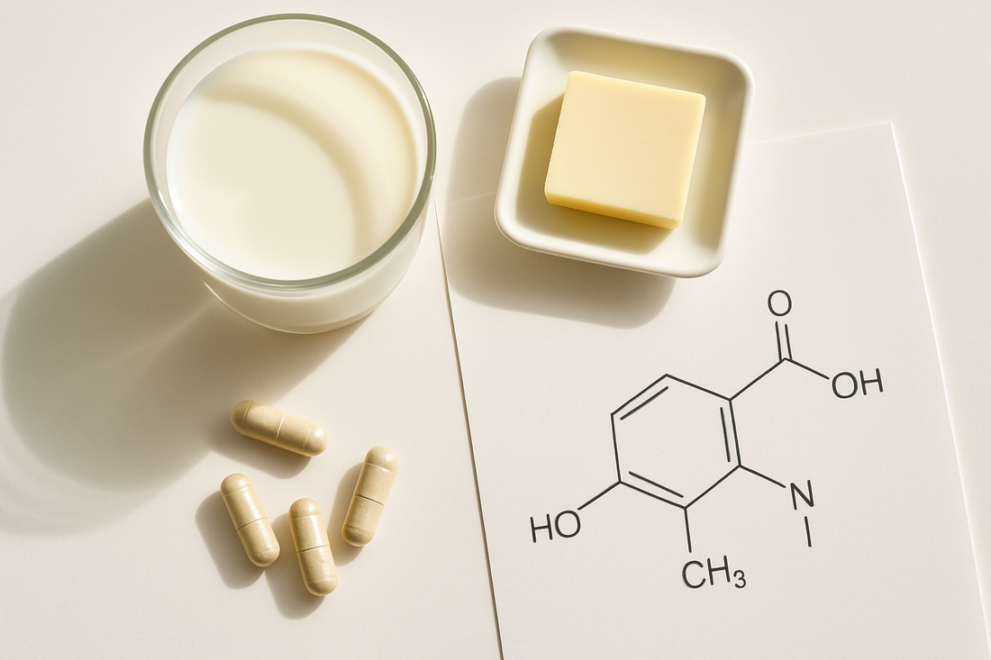 Glass of milk and butter beside vegan capsules over a molecular sketch