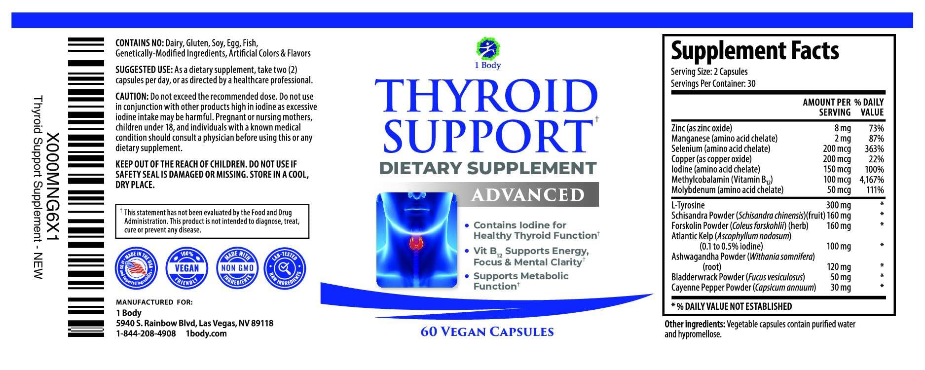 USA-made, gluten-free, dairy-free branding for 1 Body Thyroid Support.