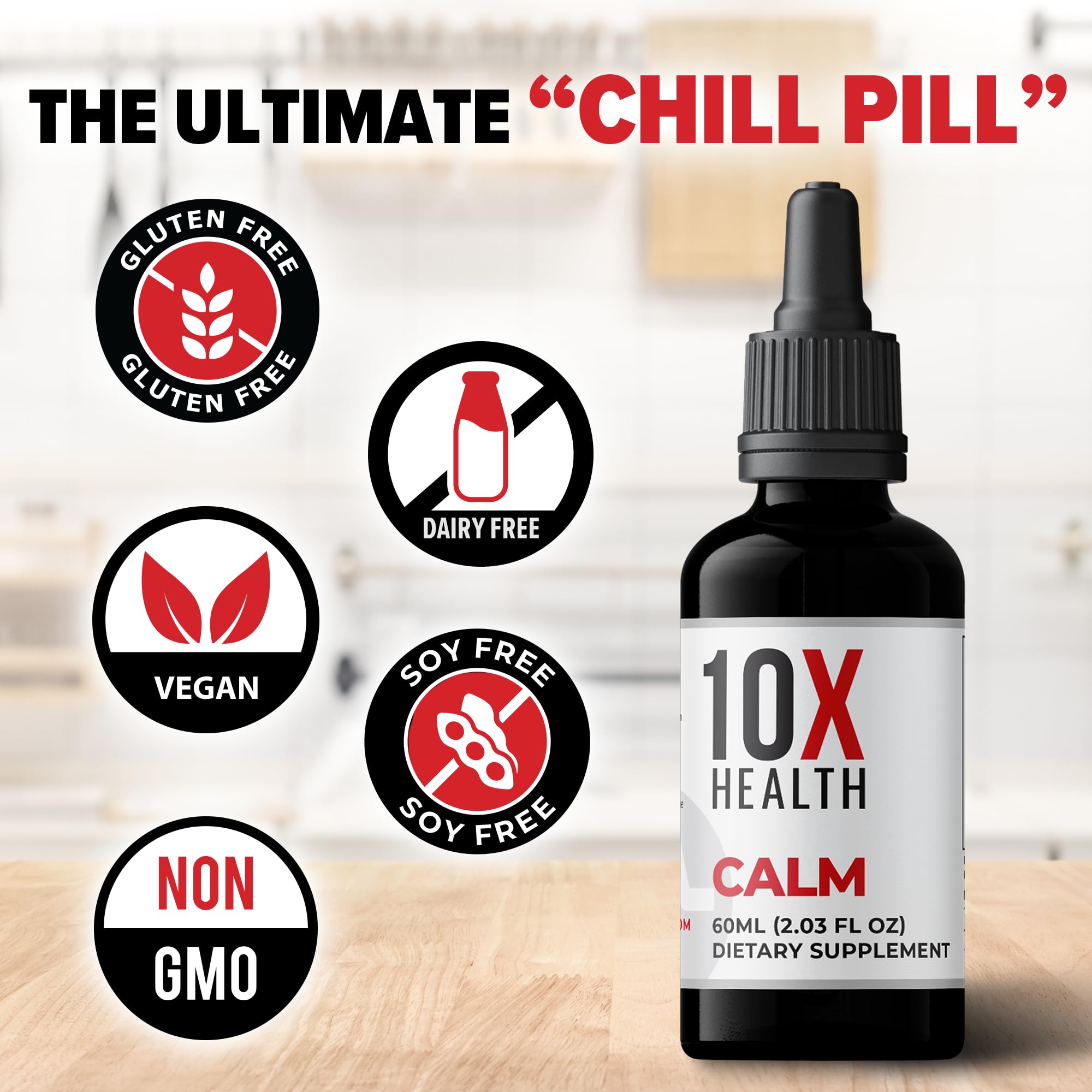 Cap close-up of 10X Health Calm Drops highlighting secure seal.