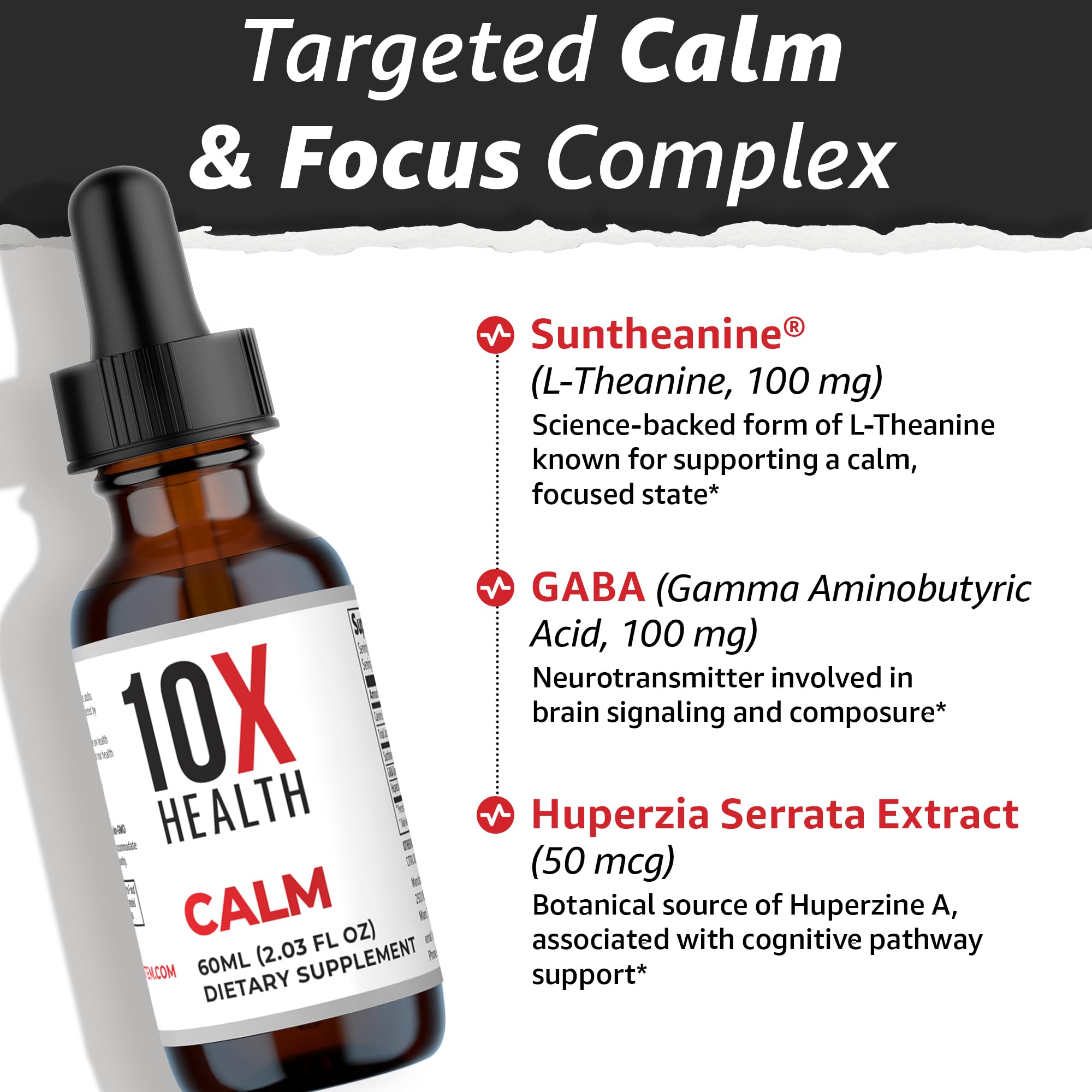 Close-up of the 10X Health Calm L-Theanine Drops label showing branding.