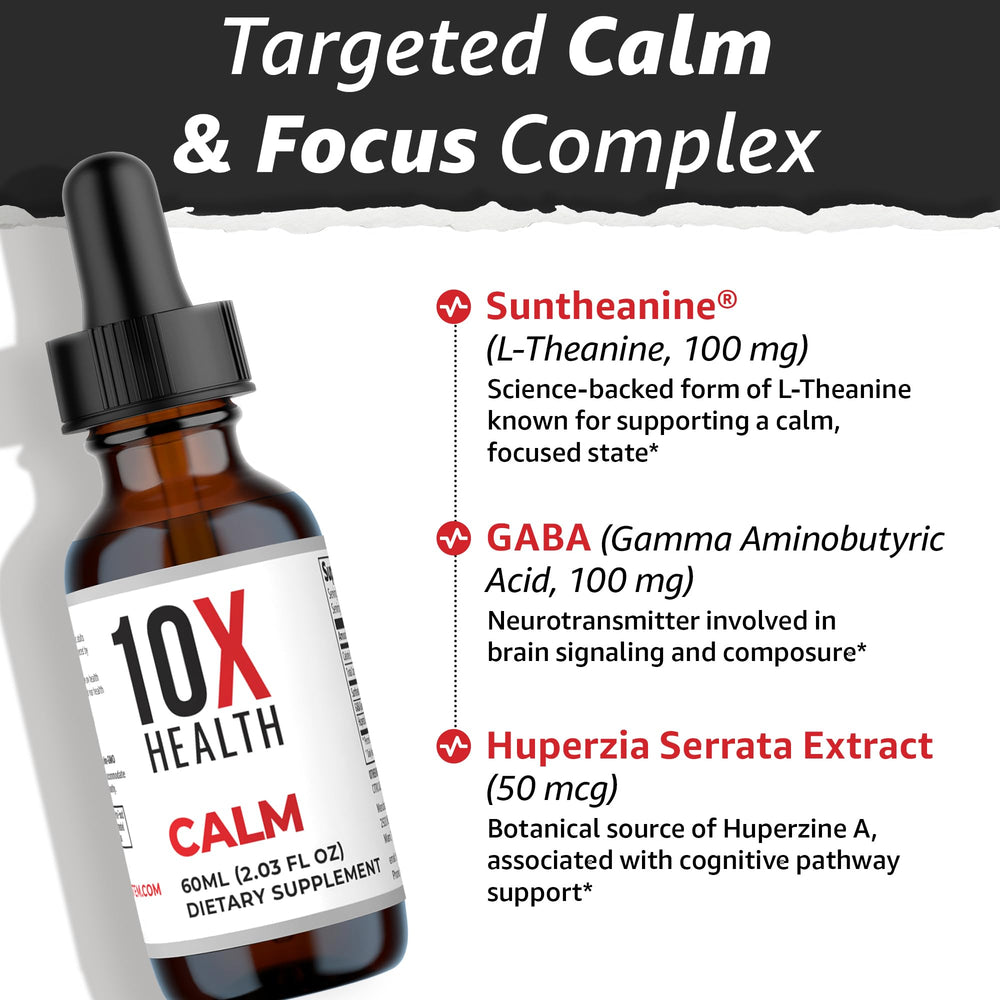 Close-up of the 10X Health Calm L-Theanine Drops label showing branding.