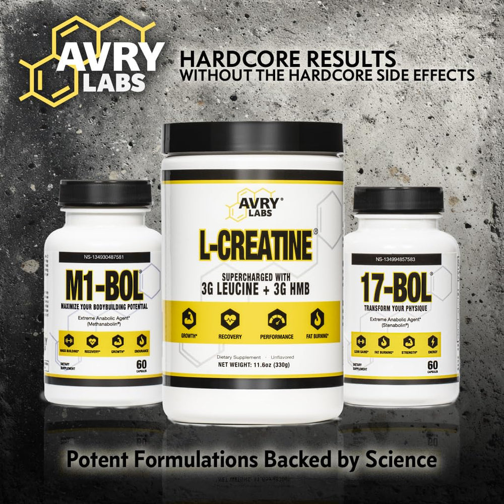 Packaging shot highlighting 60 capsules in the 17-BOL Avry Labs Extreme Anabolic bottle