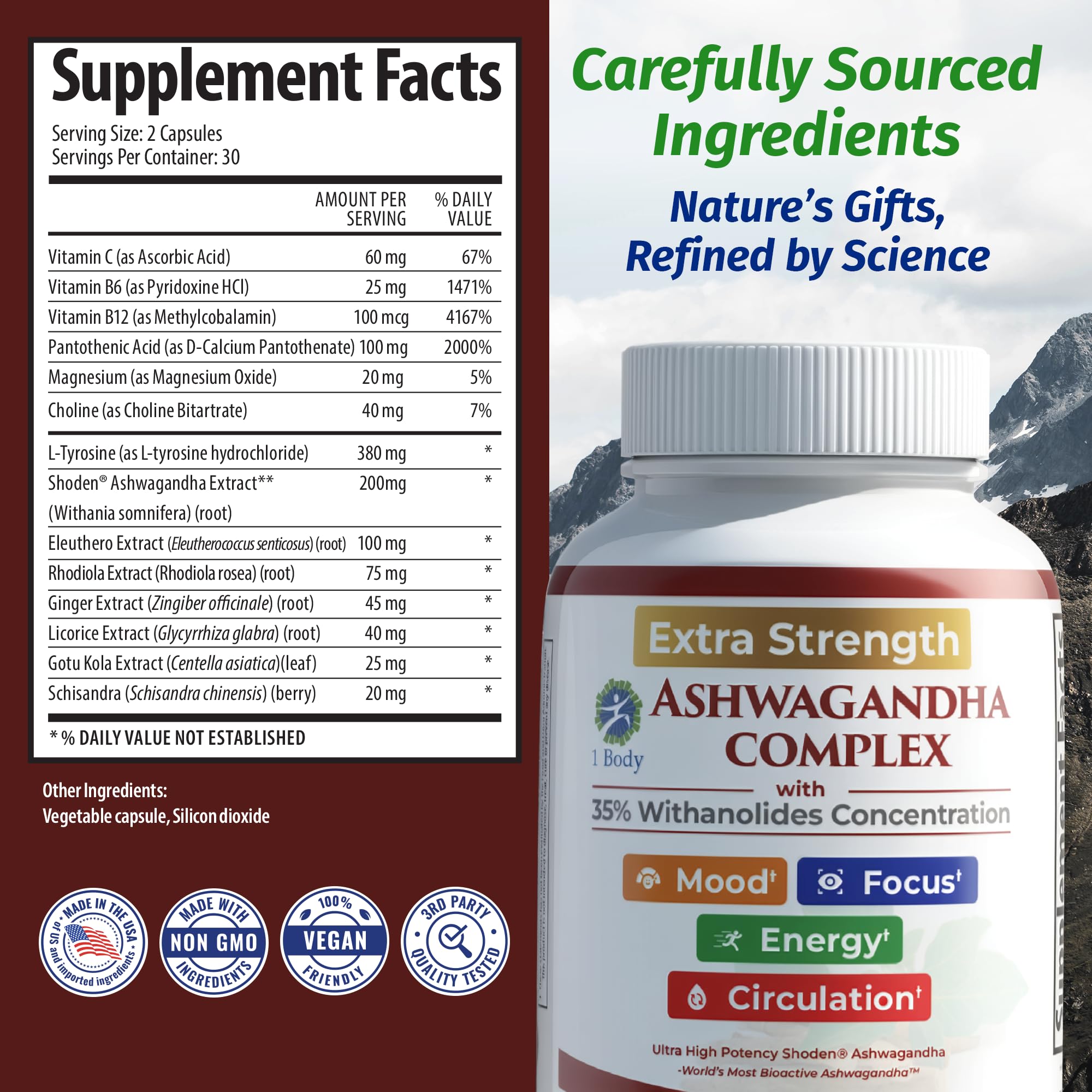 1Body Shoden Ashwagandha herbal blend packaging emphasizes adaptogens.