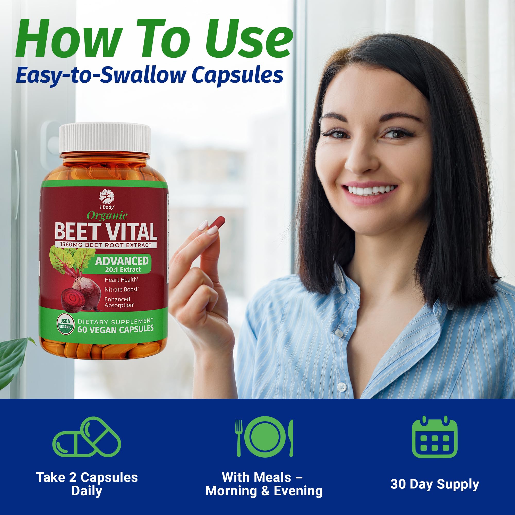 Packaging emphasizes vegan, non-GMO ingredients and GMP-certified production on 1 Body Beet Vital