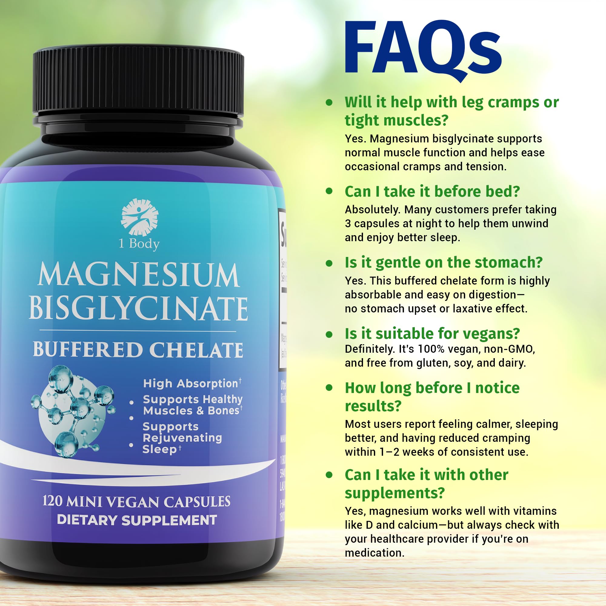 1 Body magnesium bisglycinate capsules bottle in morning routine for daily support.