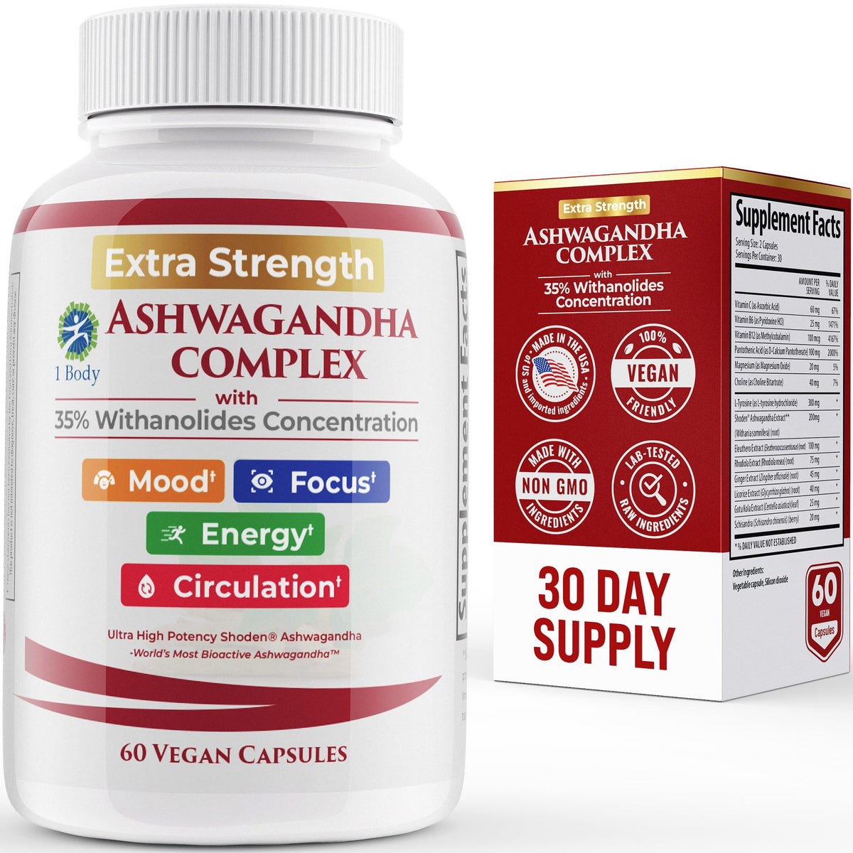 1Body Shoden Ashwagandha capsules bottle for daily calm and balance.