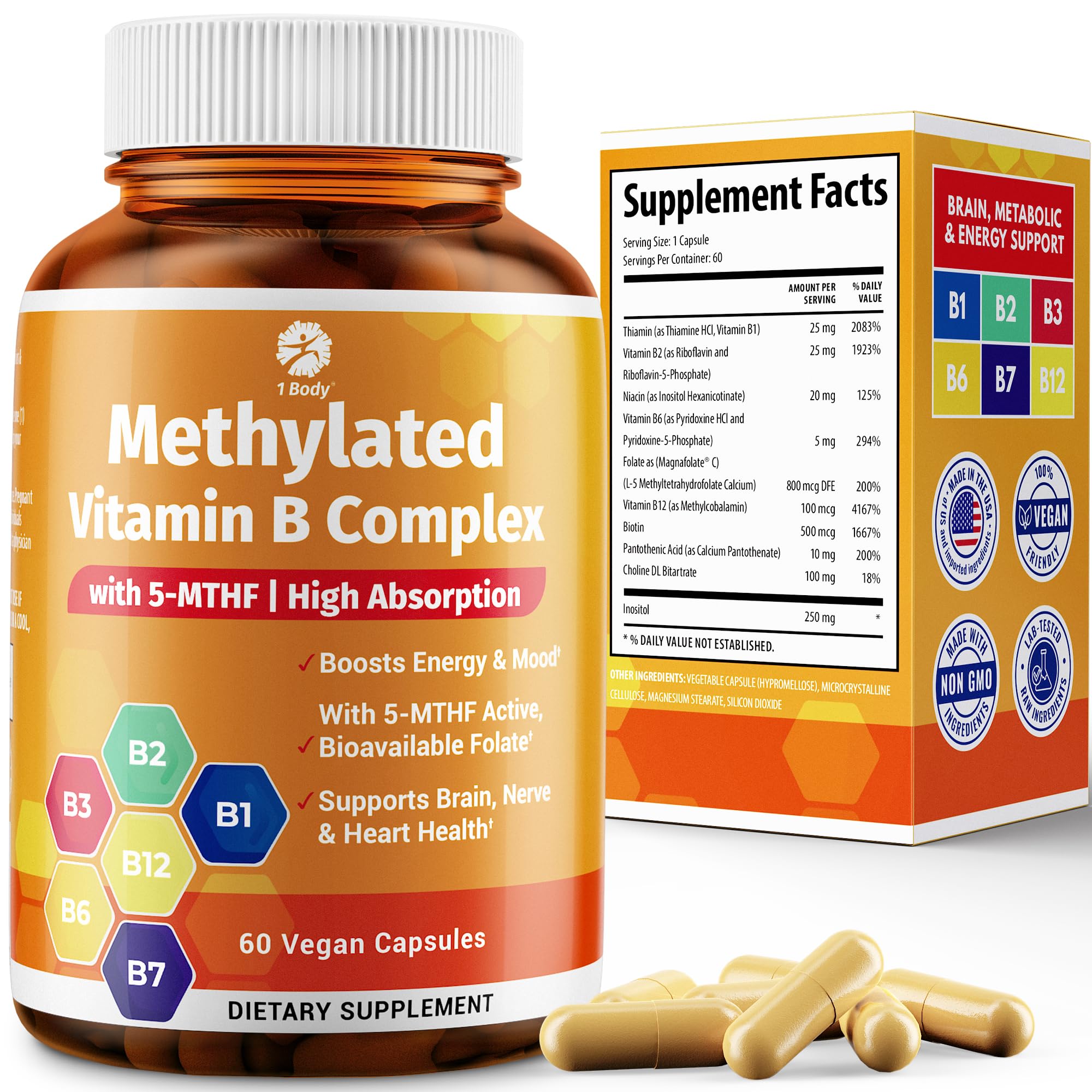 1 Body Vitamin B Complex bottle front, highlighting methylated B vitamins for energy.
