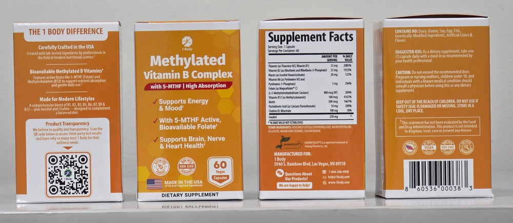 1 Body Vitamin B Complex made in USA GMP facility badge.