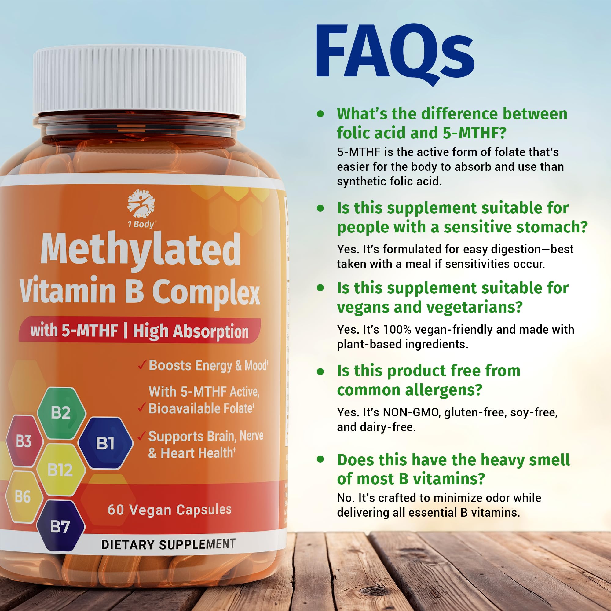 1 Body Vitamin B Complex vegan non-GMO packaging emphasis.