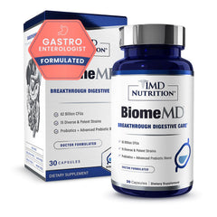 1MD BiomeMD Probiotics bottle-front promotes digestive balance with 62B CFUs and 15 strains.