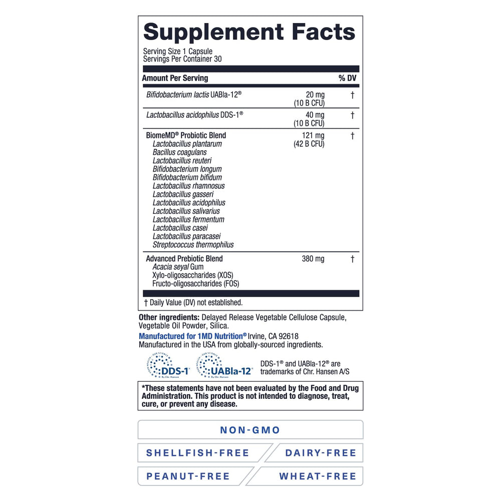 1MD BiomeMD Probiotics capsules-in-hand suggests portable daily support on the go.