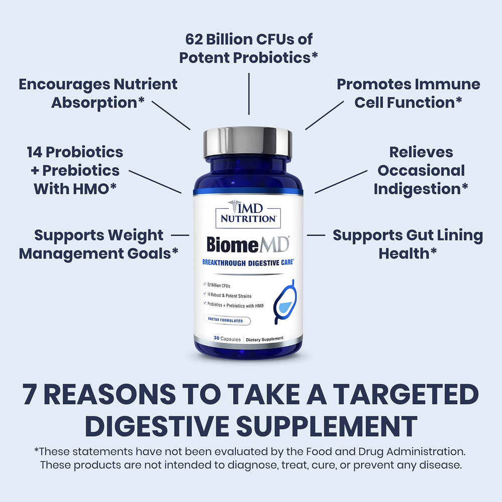 1MD BiomeMD Probiotics label-detail notes two trademarked strains UABla-12 and DDS-1.