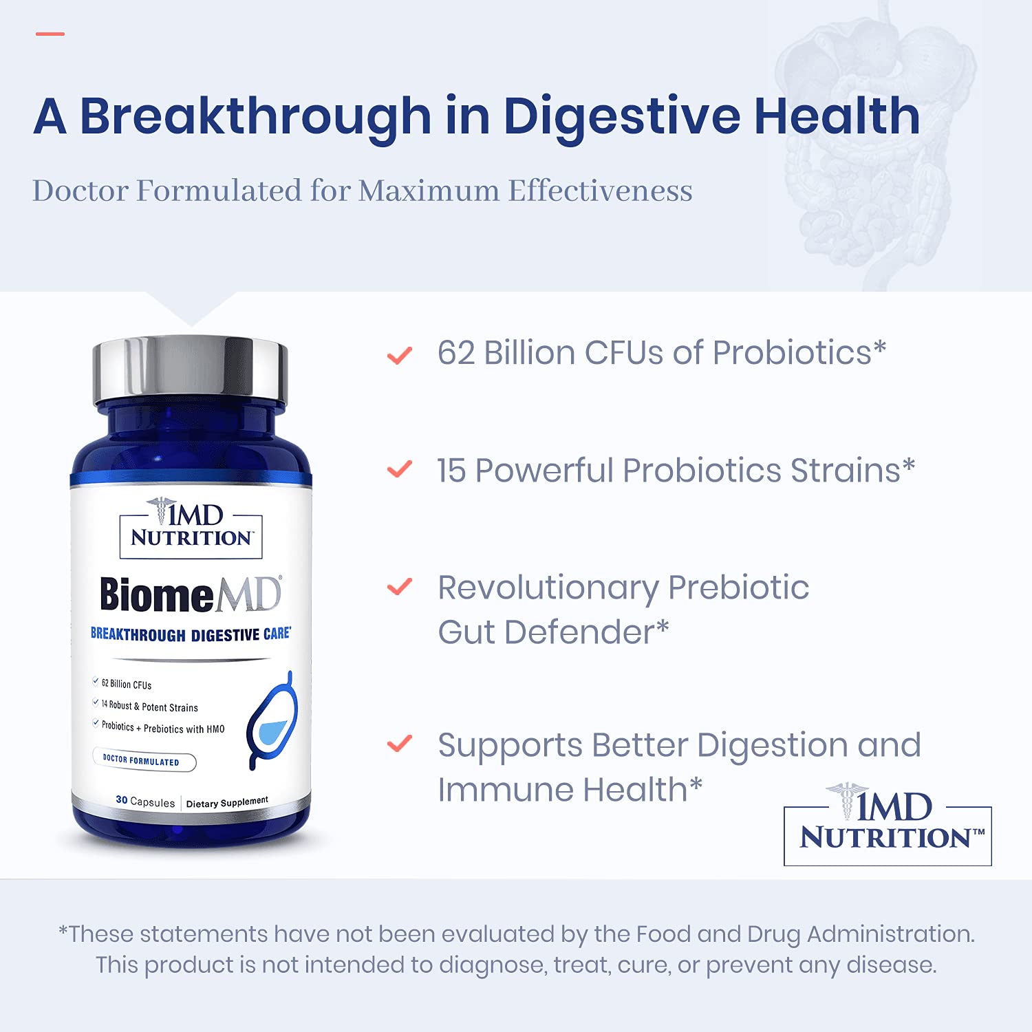 1MD BiomeMD Probiotics packaging-box communicates clinical grade formulation for trust.