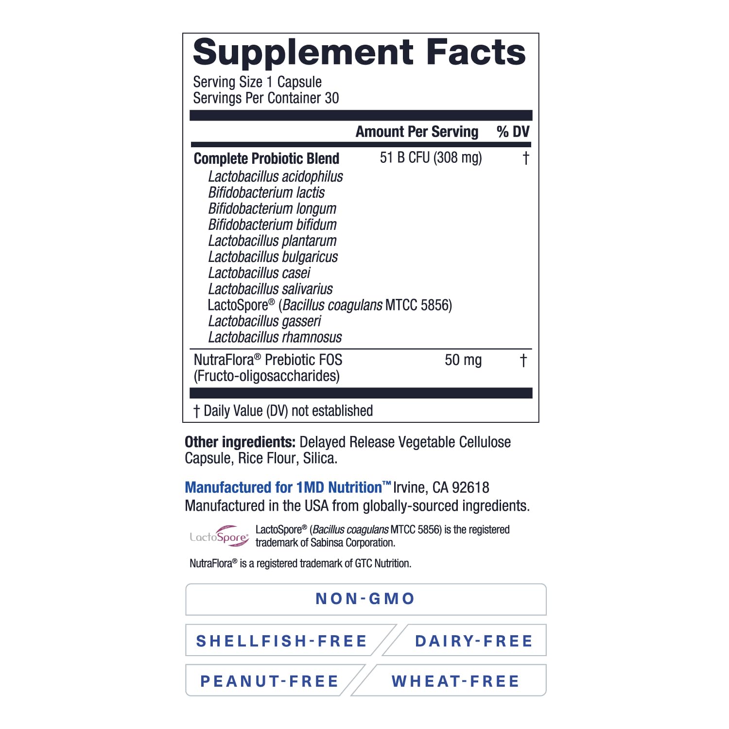 1MD Complete Probiotics Platinum bottle with nutrition facts and dairy-free claim